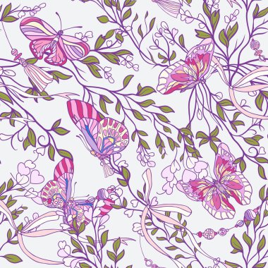 Gül çiçek ve kelebek pembe ile Dikişsiz desen ve