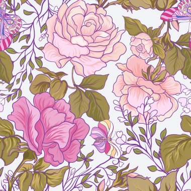 Gül çiçek ve kelebek pembe ile Dikişsiz desen ve