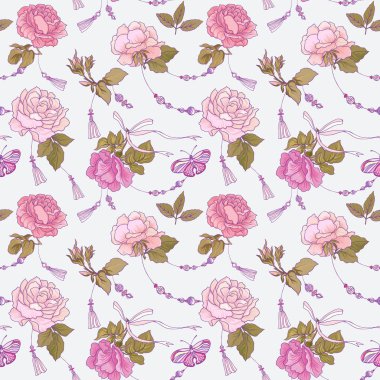 Gül çiçek ve kelebek pembe ile Dikişsiz desen ve