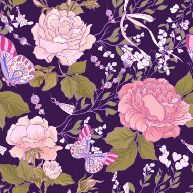 Gül ve kelebekler. Dikişsiz desen, arka plan, mor bir