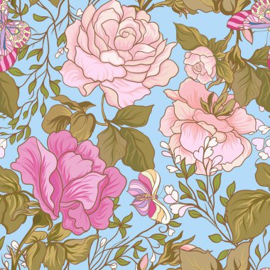 Gül ve kelebekler. Dikişsiz desen, arka plan, mor bir