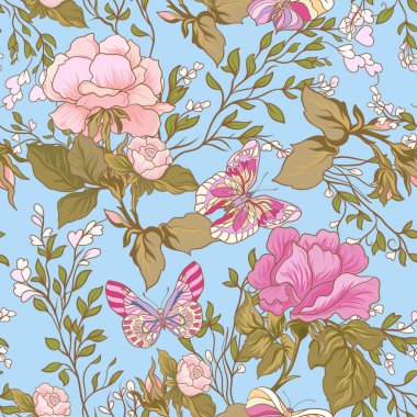 Gül ve kelebekler. Dikişsiz desen, arka plan, mor bir