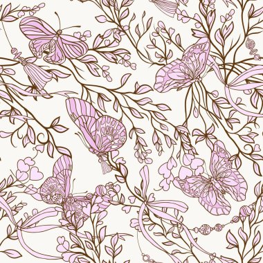Gül ve kelebekler. Dikişsiz desen, arka plan, ışık VI