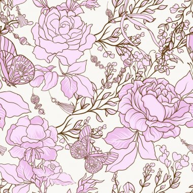 Gül ve kelebekler. Dikişsiz desen, arka plan, ışık VI