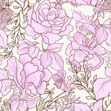 Gül ve kelebekler. Dikişsiz desen, arka plan, ışık VI