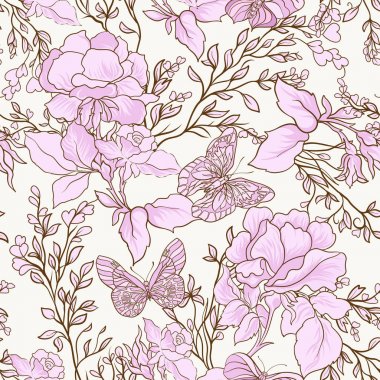 Gül ve kelebekler. Dikişsiz desen, arka plan, ışık VI