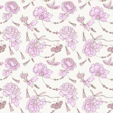 Gül ve kelebekler. Dikişsiz desen, arka plan, ışık VI