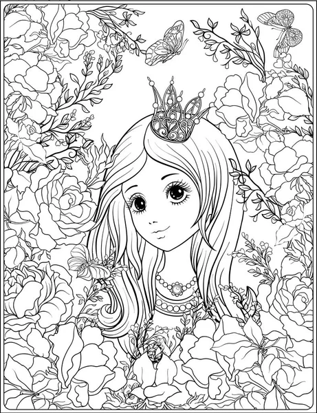 Güllerin bahçedeki Prenses tacı genç güzel kız. Outlin
