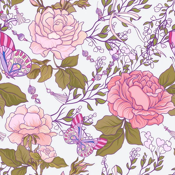 Gül çiçek ve kelebek pembe ile Dikişsiz desen ve