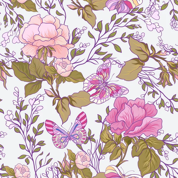 Gül çiçek ve kelebek pembe ile Dikişsiz desen ve