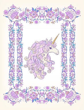 Tek boynuzlu at çerçevesinde, royal, ortaçağ tarzı Arabesk