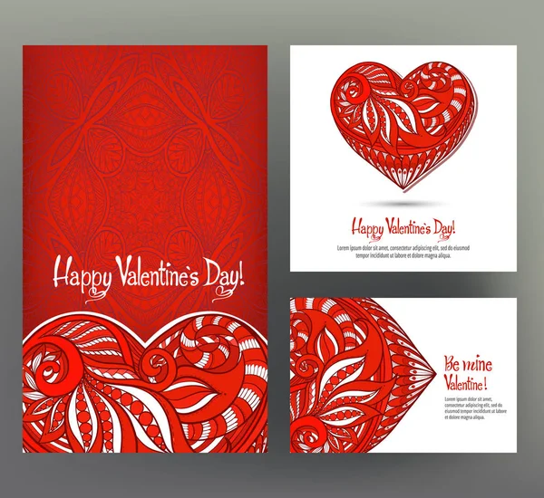 Set of 3 cards or banners for Valentines Day with ornate red lo — Stock Vector
