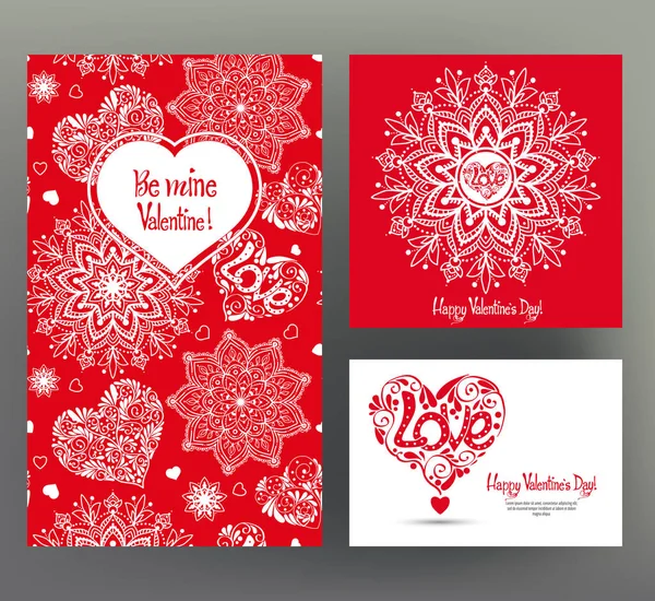Set van 3 kaarten of banners voor Valentijnsdag met sierlijke rode lo — Stockvector