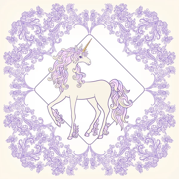 Unicorno nella cornice, arabesco nel reale, stile medievale in — Vettoriale Stock