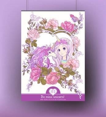 Sevimli kız ve çok renkli kıvırcık mane olan at poster