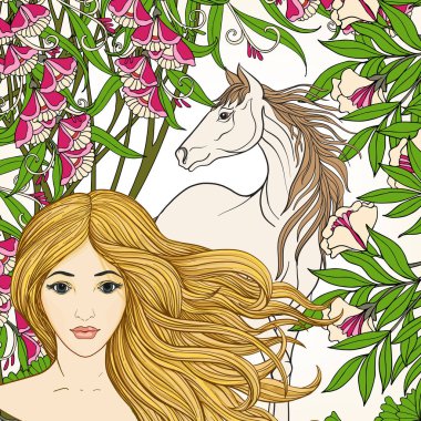 İnci ile yaz bahçesinde uzun saçlı genç güzel kız