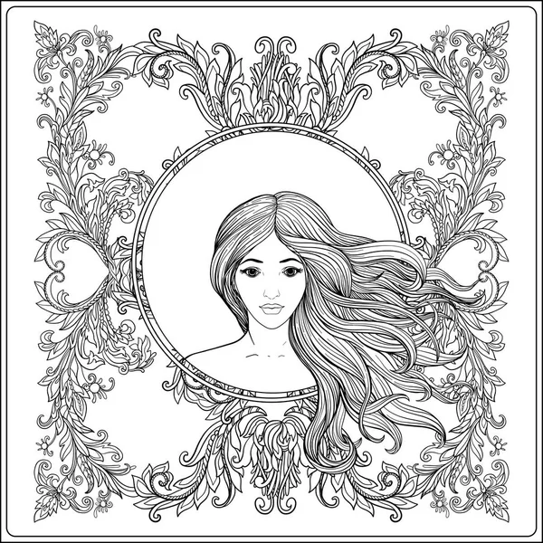Young beautiful girl with long hair in rich decorated floral pat — Stock Vector