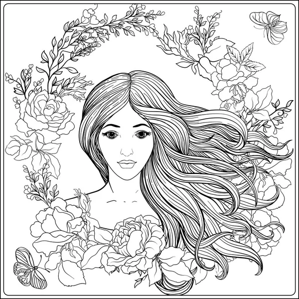 Joven hermosa chica con el pelo largo en ricas palmaditas florales decoradas — Vector de stock