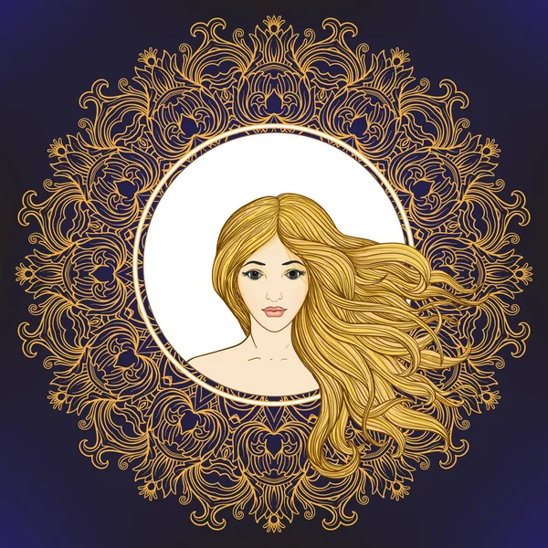 Όμορφη κοπέλα με μακριά μαλλιά με πλούσια διακοσμημένα floral pat — Διανυσματικό Αρχείο