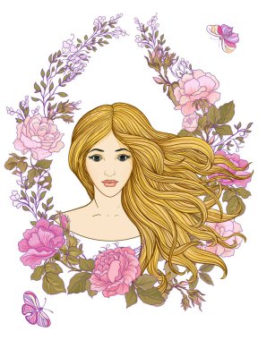 Zengin bir şekilde dekore edilmiş çiçek pat uzun saçlı genç güzel kız