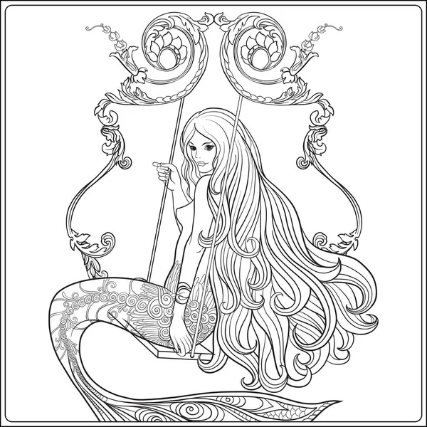 Hand gezeichnete Meerjungfrau mit langem Haar. Abbildung des Aktienlinienvektors — Stockvektor