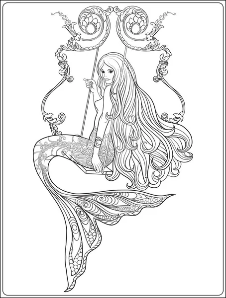 Sirena dibujada a mano con pelo largo. Stock línea vector ilustración — Vector de stock