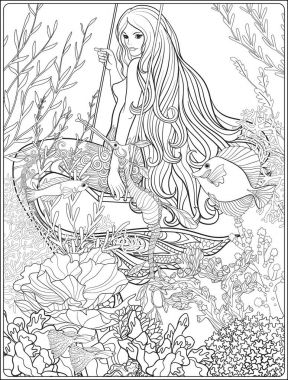 El çekilmiş deniz kızı sualtı dünyasını uzun saçlı. Hisse senedi li