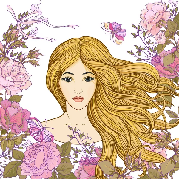 Молодая красивая девушка с длинными волосами в богатых украшенных цветочных похлопывания — стоковый вектор