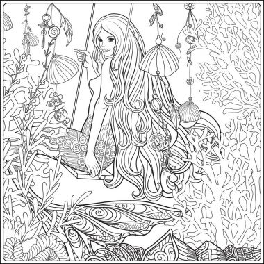 El çekilmiş deniz kızı sualtı dünyasını uzun saçlı. Hisse senedi li