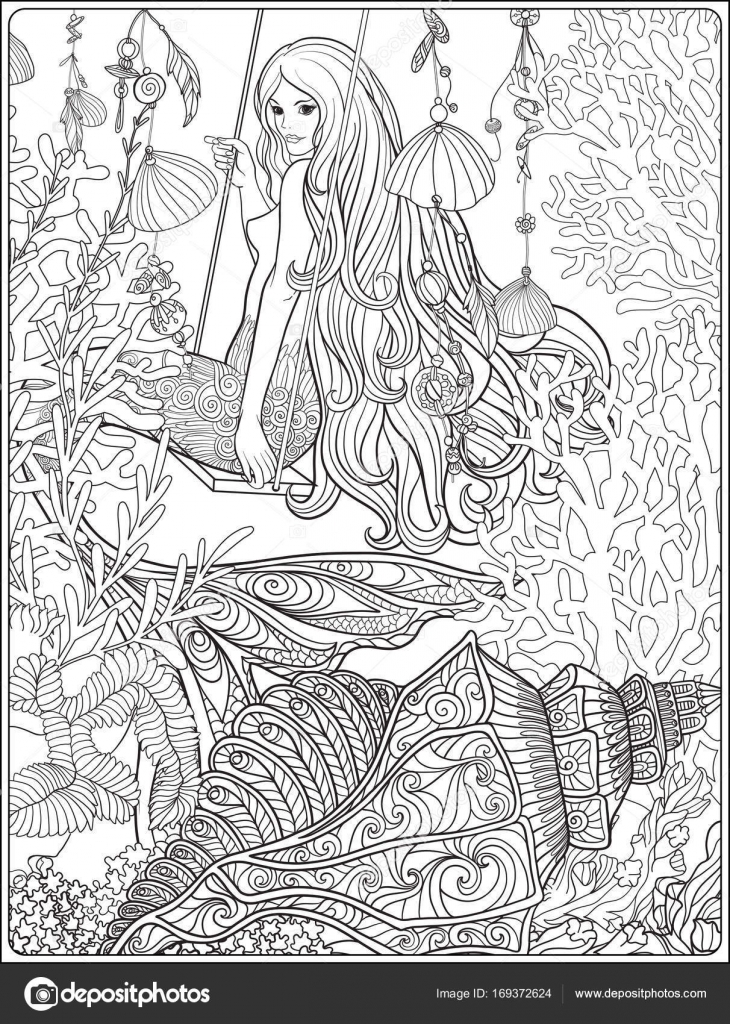 mano con capelli lunghi nel mondo sottomarino Illustrazione di vettore di linea Disegno di assieme Delineare il disegno pagina per libro da colorare