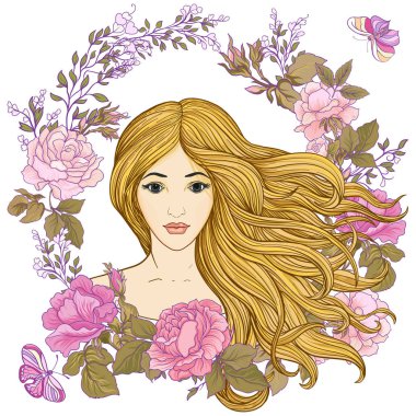 Zengin bir şekilde dekore edilmiş çiçek pat uzun saçlı genç güzel kız