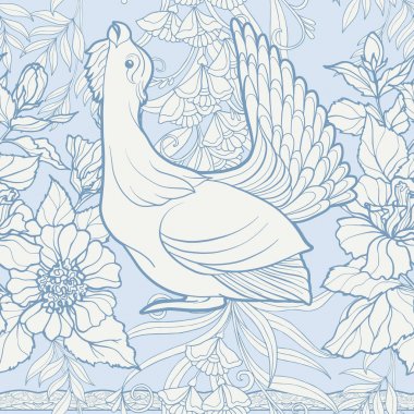Dikişsiz desen, dekoratif çiçek ve kuş arka plan