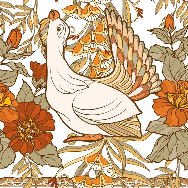 Бесшовный узор, фон с декоративными цветами и птицей — стоковый вектор