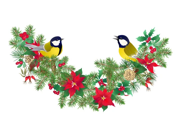 小鸟儿- -冬季的象征. 圣诞花环 — 图库矢量图片