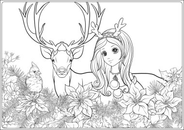 Noel çelengi, kış kuşları ve geyik.