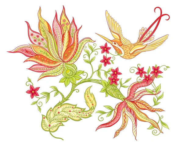 Fleurs fantastiques, broderie traditionnelle jacobéenne — Image vectorielle