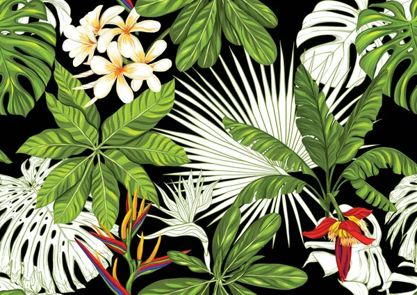 Tropikalne rośliny i kwiaty. Płynny wzór — Wektor stockowy