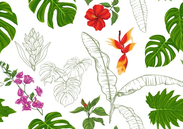 Tropické rostliny a květiny Bezešvé vzory. — Stockový vektor