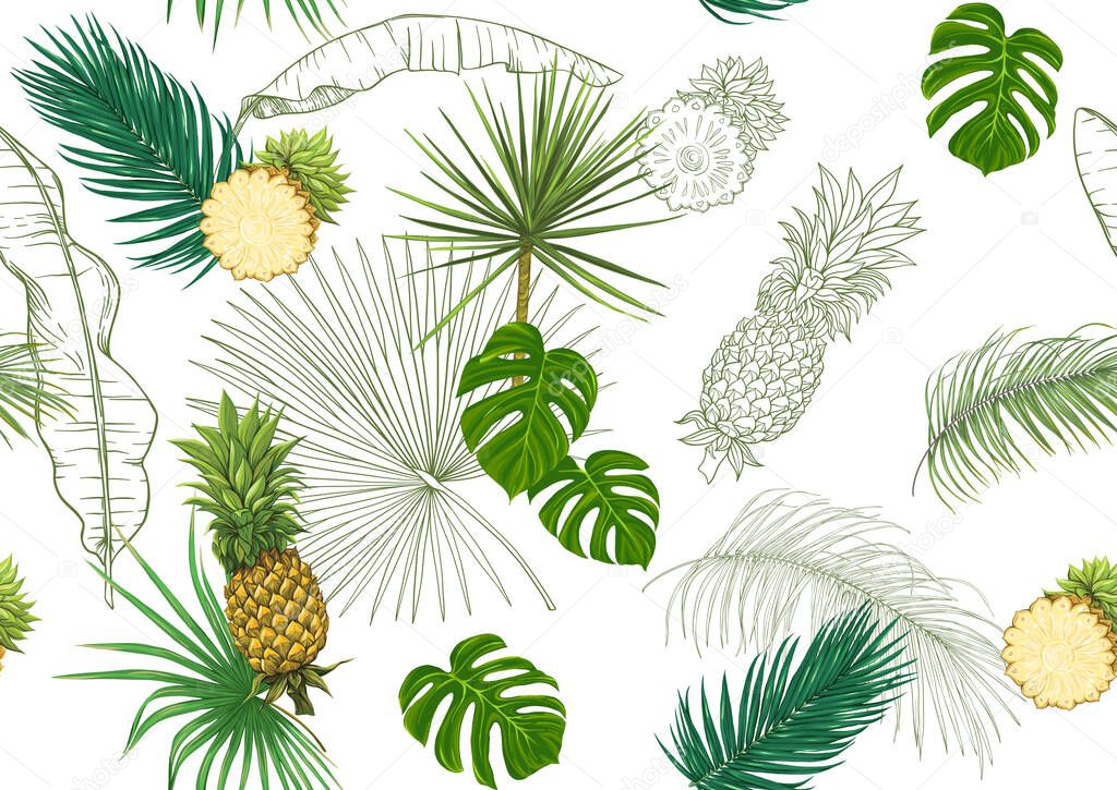 Tropical plants and flowers Seamless pattern.