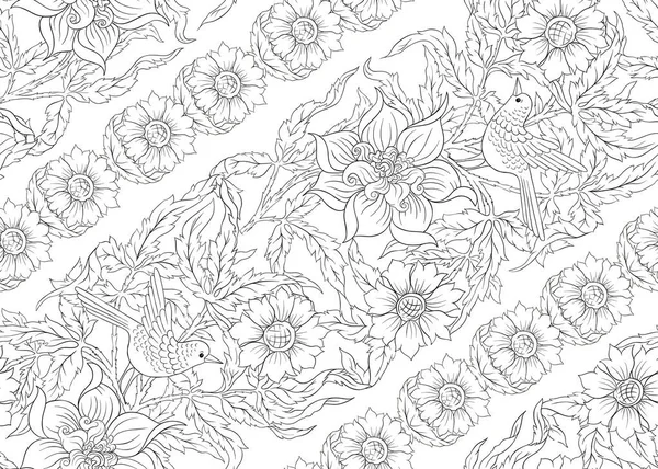 Floral motif sans couture, fond avec oiseau — Image vectorielle