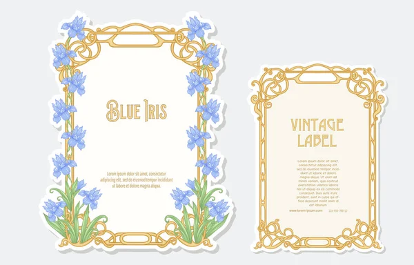 Iris virág. 2 címkéből álló készlet, dekoratív keretek, határok. — Stock Vector