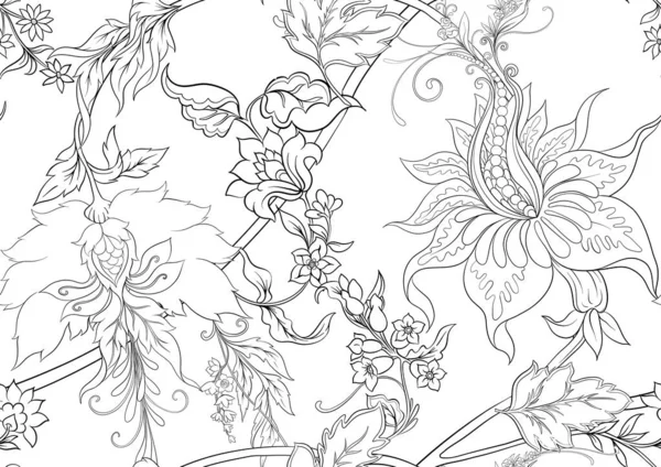 Flores de fantasia em retro, vintage, estilo bordado de jacobean — Vetor de Stock