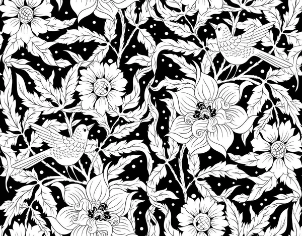 Floral motif sans couture, fond avec oiseau — Image vectorielle