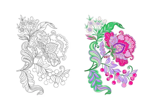Elementos decorativos florales en estilo bordado jacobeo — Vector de stock