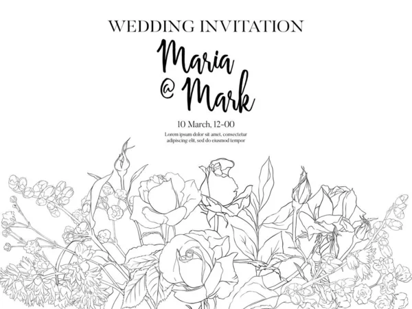 Invitation de mariage avec roses blanches et fleurs de printemps — Image vectorielle