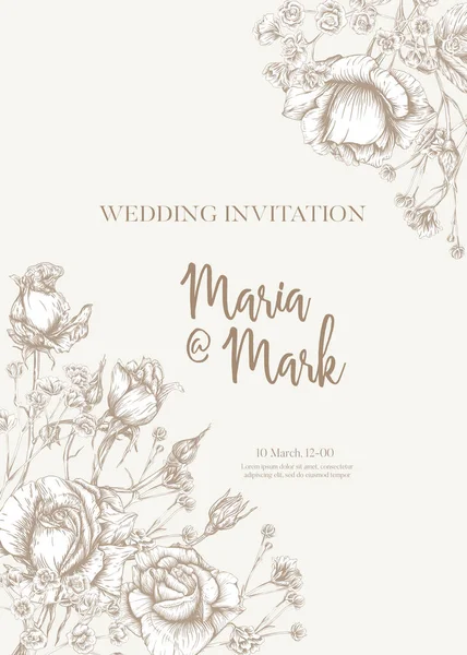 Invitation de mariage avec roses et fleurs de printemps — Image vectorielle