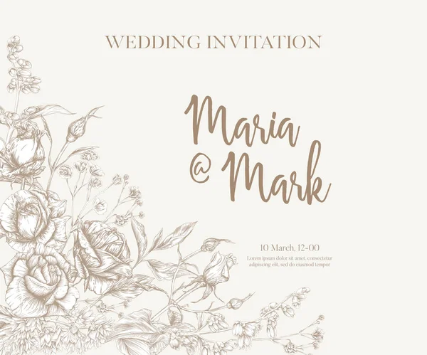 Invitación de boda con rosas y flores de primavera — Archivo Imágenes Vectoriales