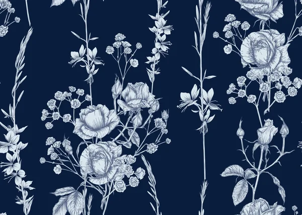 Rosen und Frühlingsblumen nahtloses Muster — Stockvektor