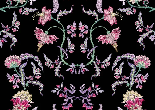 Patrón sin costura floral de fantasía en bordado de jacobea — Archivo Imágenes Vectoriales