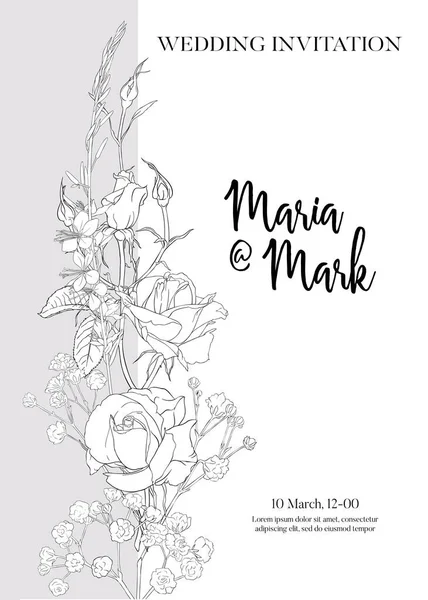 Invitación de boda con rosas blancas y flores de primavera — Vector de stock